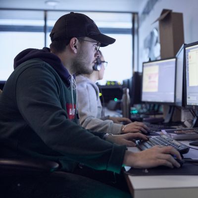 Video design student working at a computer